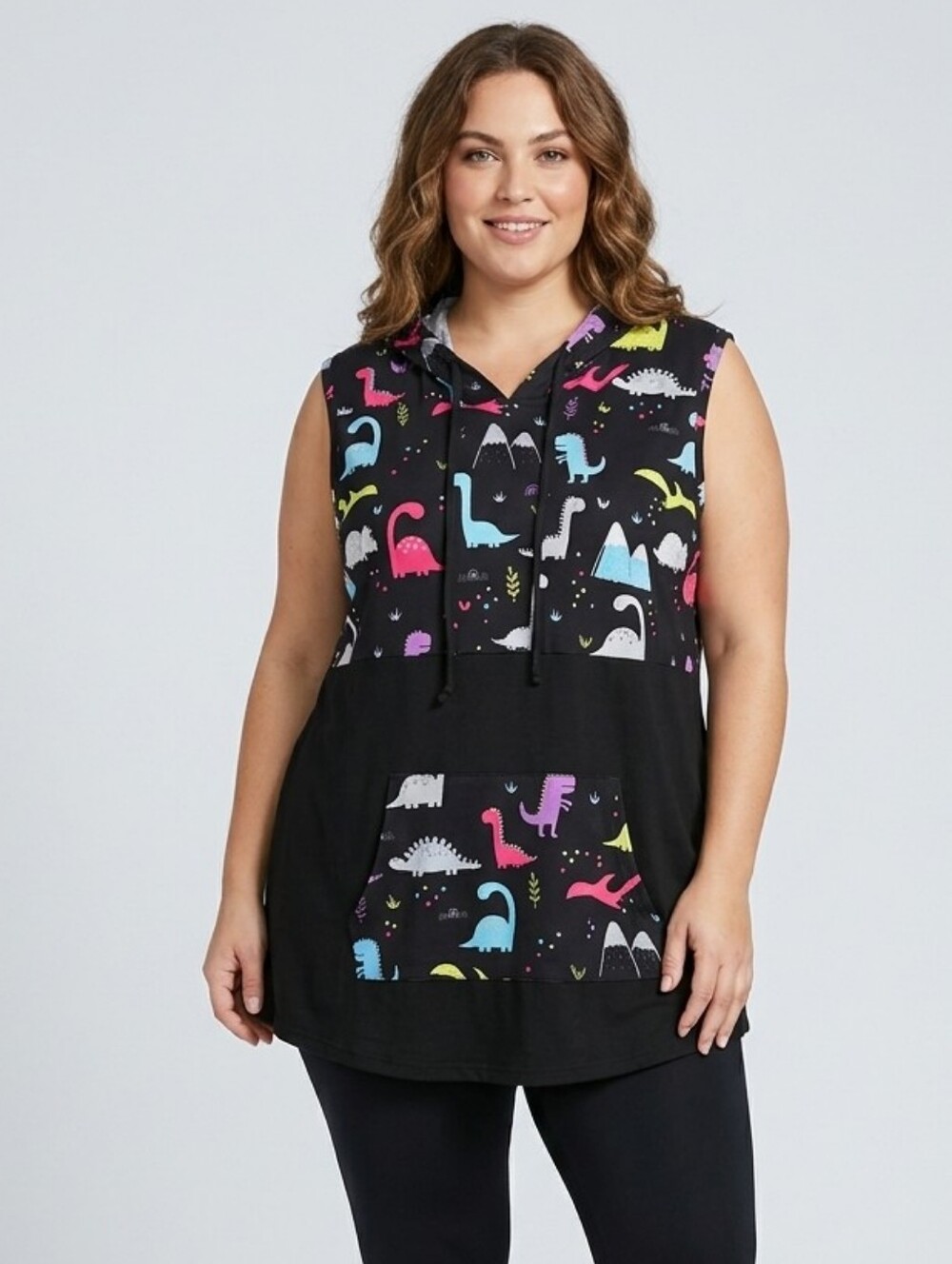 LuLaRoe Black/Multi Dinosaur Print "Brittany" Hooded Tank Top Size Large NWT
